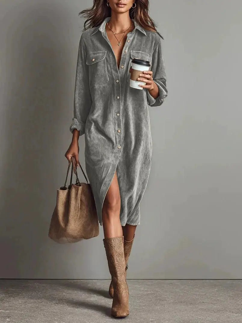 Turn-Down Collar Dress – Women Long Sleeve Solid Casual Holiday Party Dress, Spring Autumn - Fresh& Vintage