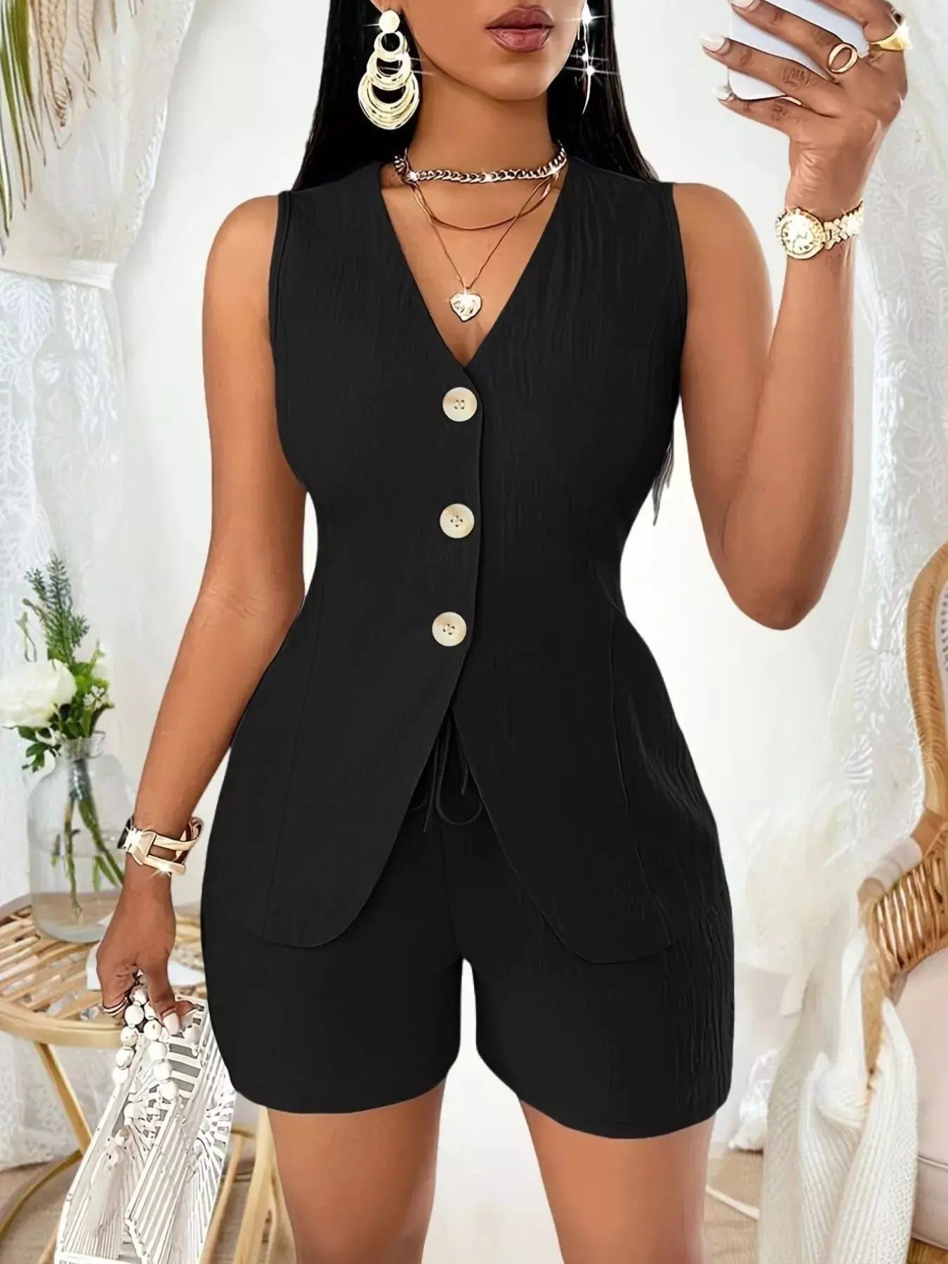 Sleeveless Button-Down Vest & Shorts Set Trendsi