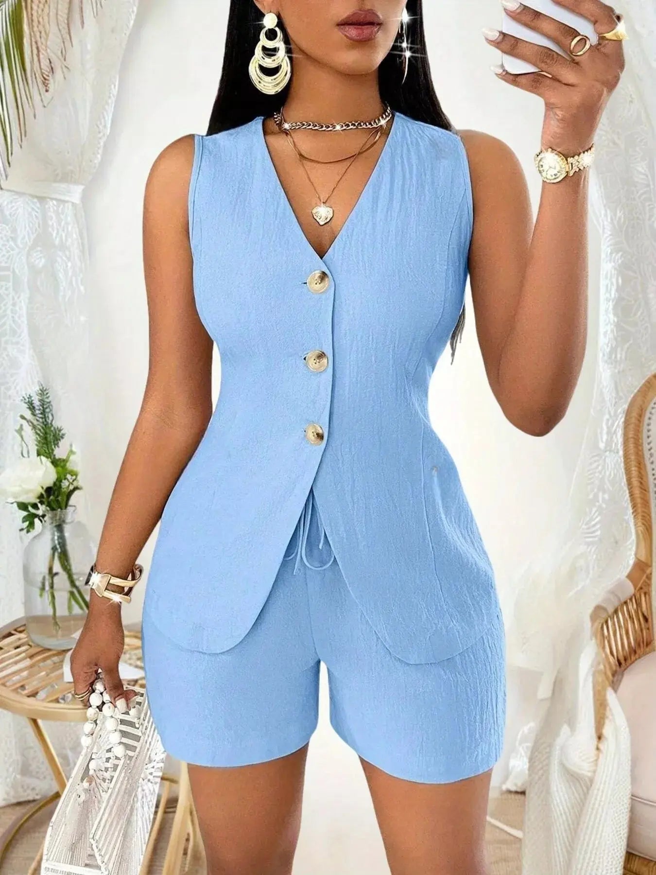 Sleeveless Button-Down Vest & Shorts Set Trendsi