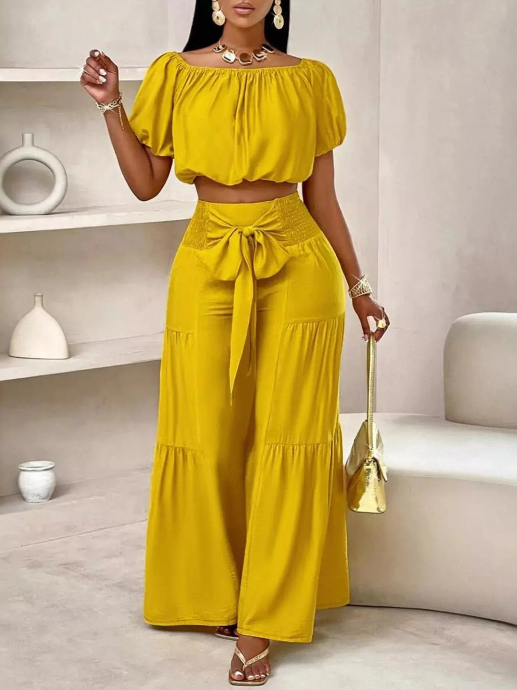 Elegant Off-Shoulder Crop Top and Ruched Wide Leg Pants Set Trendsi