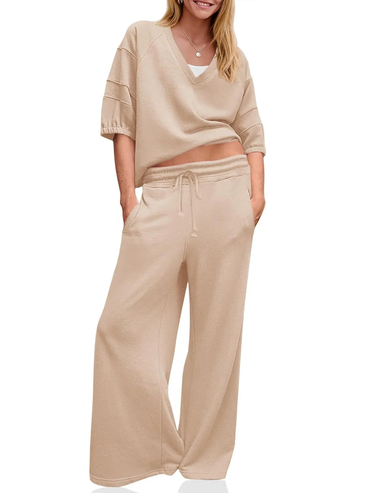 Women 2 Piece Tracksuit Set – Casual V Neck Shirt & Wide Leg Running Pants, Loose Workout Outfit - Fresh& Vintage