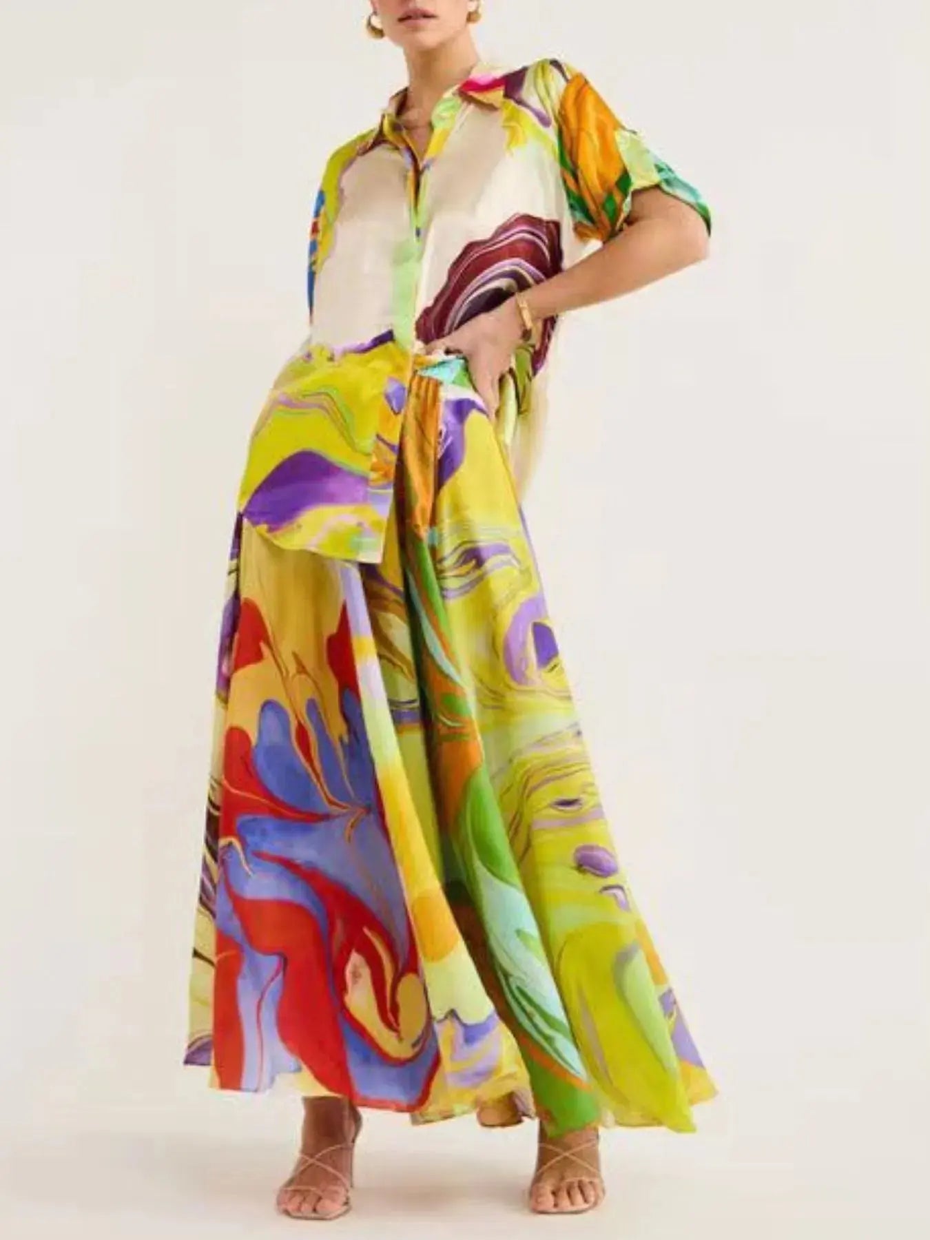 Printed Button Up Shirt and Skirt Set Trendsi