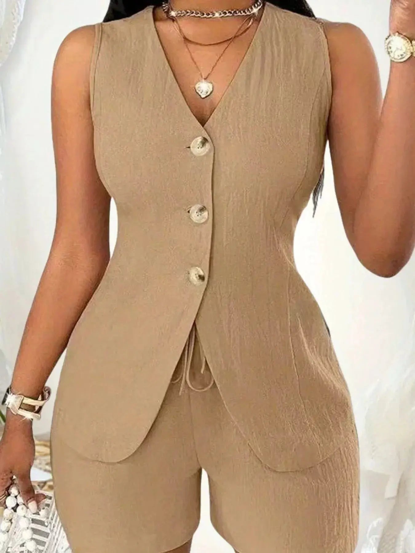 Sleeveless Button-Down Vest & Shorts Set Trendsi