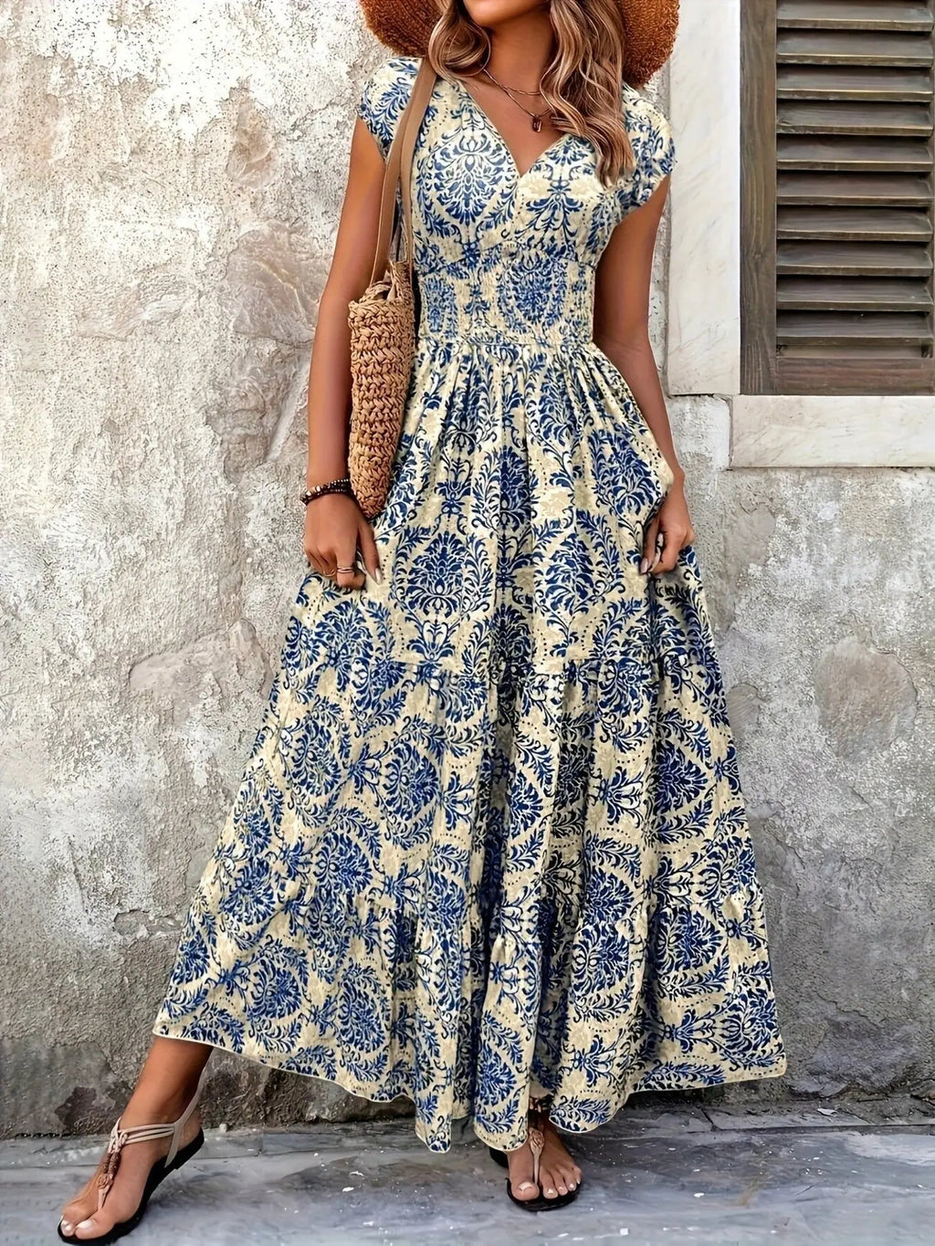 Printed Cap Sleeve Tiered Maxi Dress with Smocked Waist Trendsi