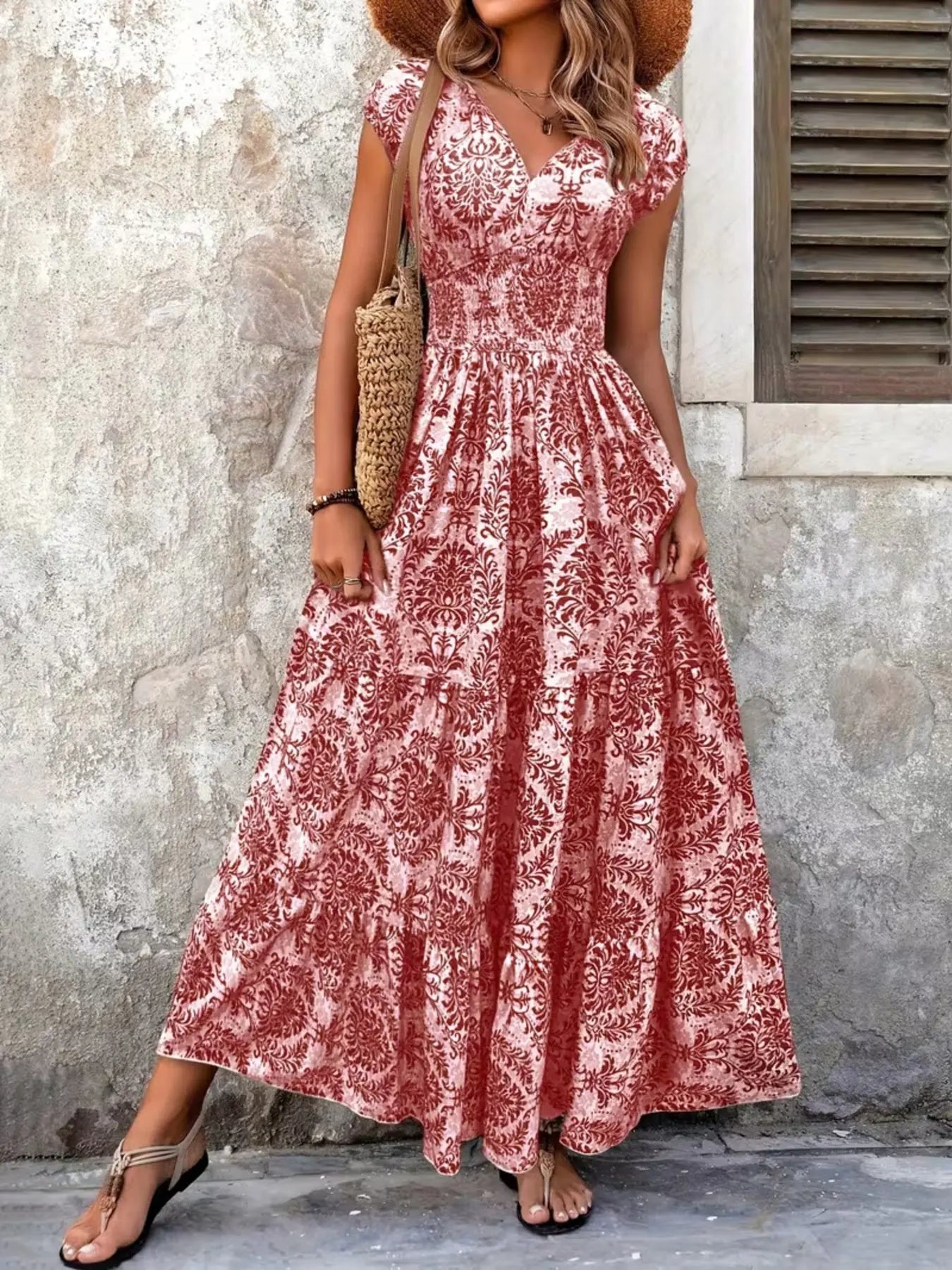 Printed Cap Sleeve Tiered Maxi Dress with Smocked Waist Trendsi