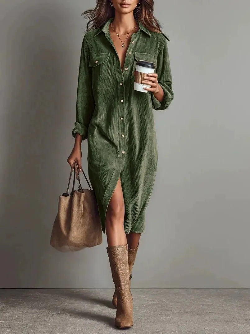Turn-Down Collar Dress – Women Long Sleeve Solid Casual Holiday Party Dress, Spring Autumn - Fresh& Vintage
