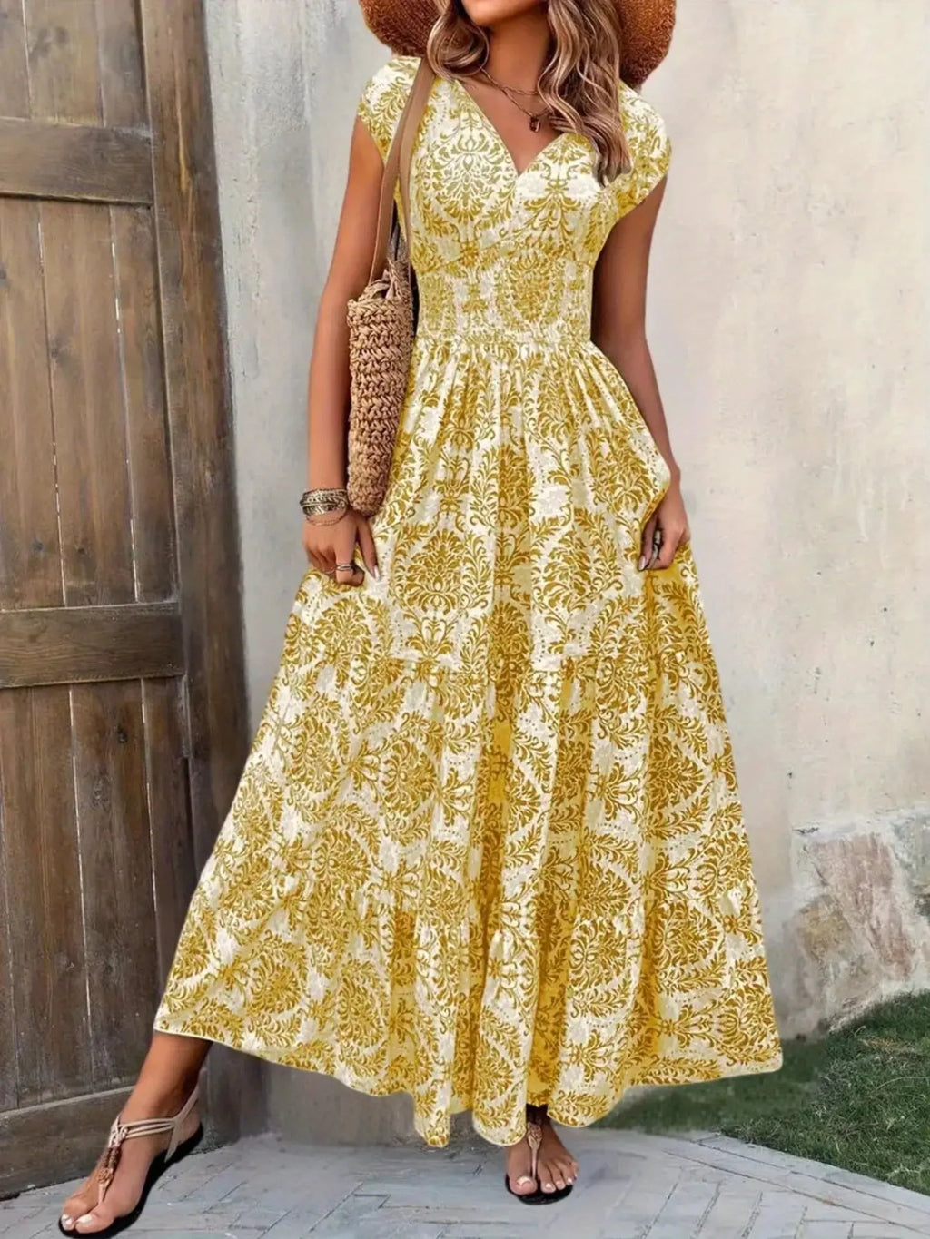 Printed Cap Sleeve Tiered Maxi Dress with Smocked Waist Trendsi