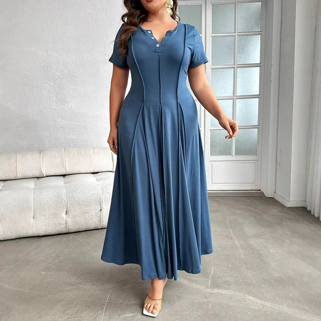 Plus Size Pleated Maxi Dress — Peacock Blue Elegant Commuter - Fresh& Vintage