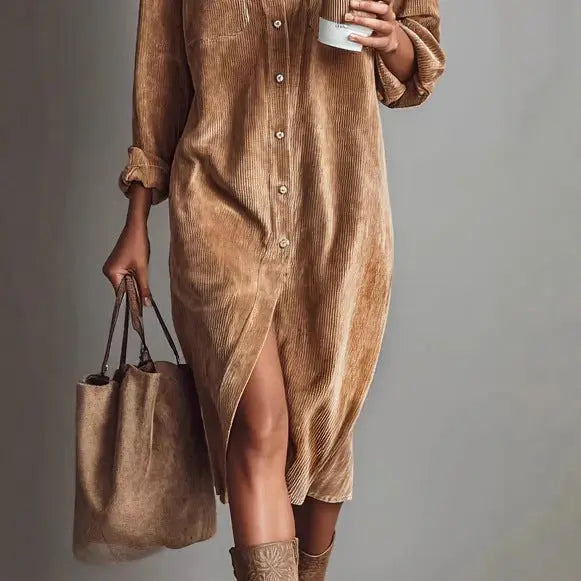 Turn-Down Collar Dress – Women Long Sleeve Solid Casual Holiday Party Dress, Spring Autumn - Fresh& Vintage
