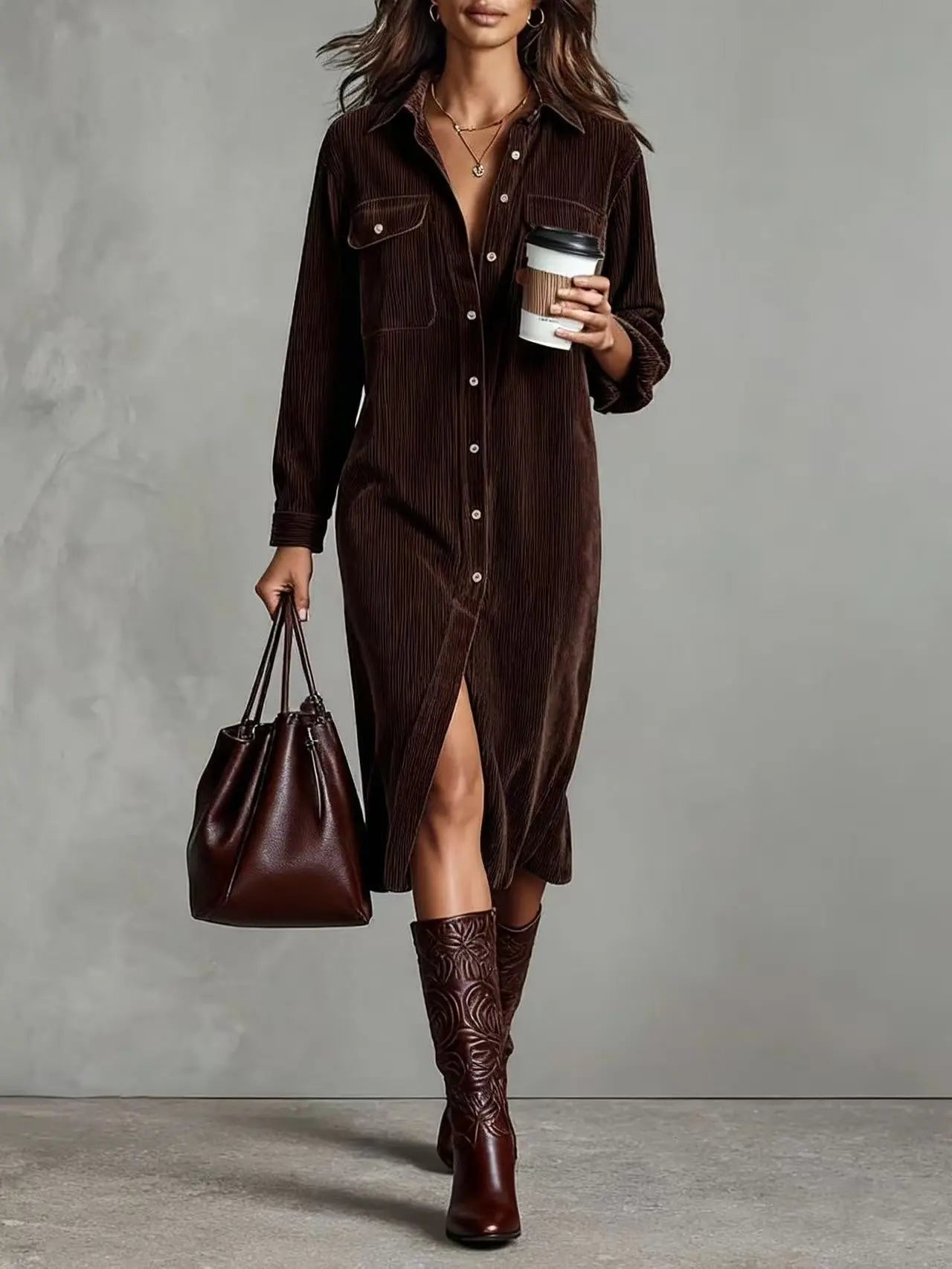 Turn-Down Collar Dress – Women Long Sleeve Solid Casual Holiday Party Dress, Spring Autumn - Fresh& Vintage