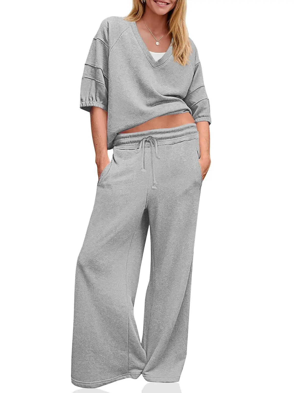 Women 2 Piece Tracksuit Set – Casual V Neck Shirt & Wide Leg Running Pants, Loose Workout Outfit - Fresh& Vintage