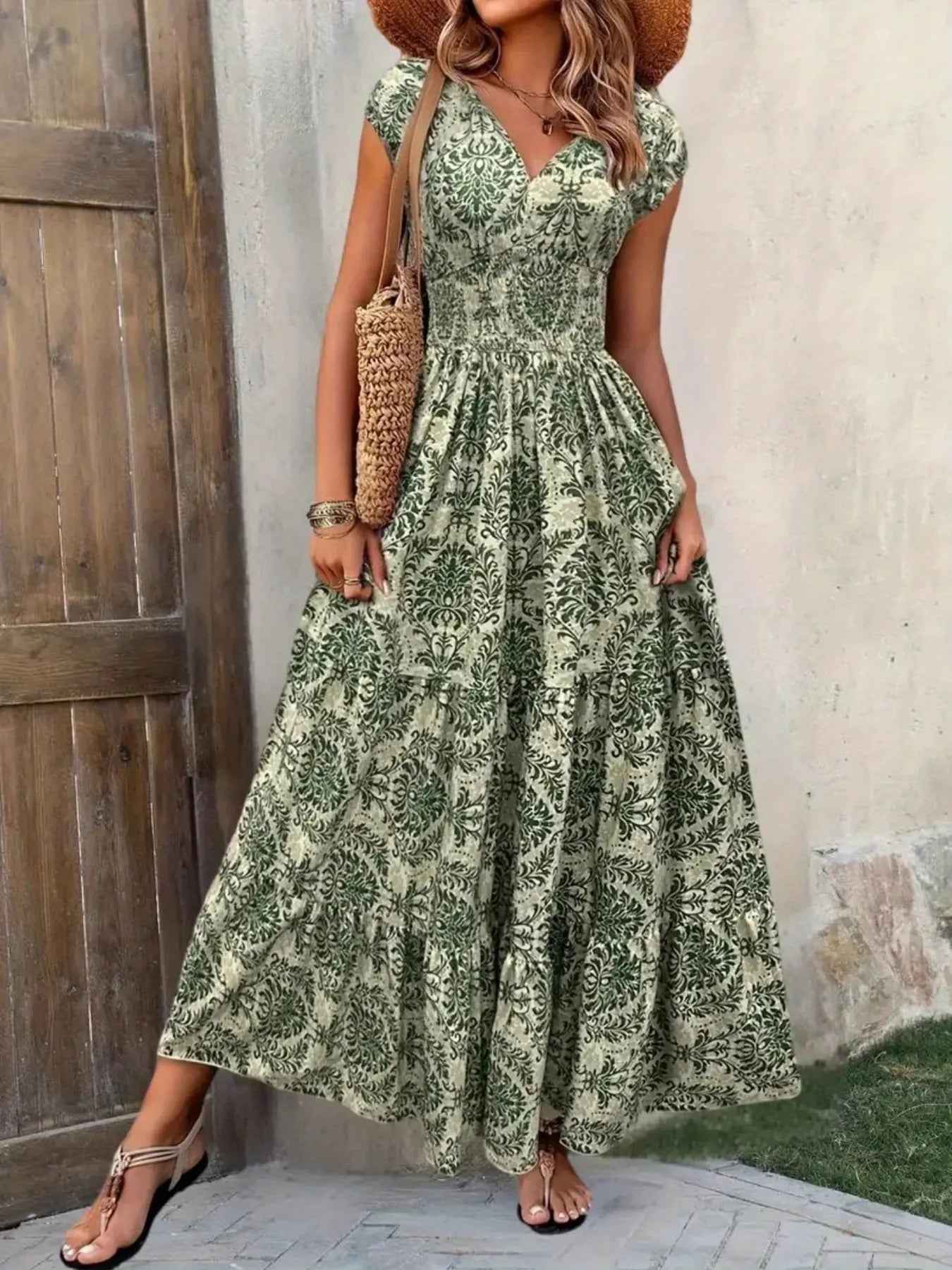 Printed Cap Sleeve Tiered Maxi Dress with Smocked Waist Trendsi