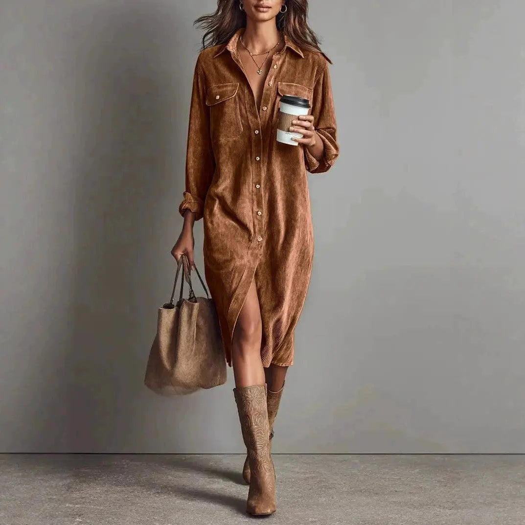 Turn-Down Collar Dress – Women Long Sleeve Solid Casual Holiday Party Dress, Spring Autumn - Fresh& Vintage