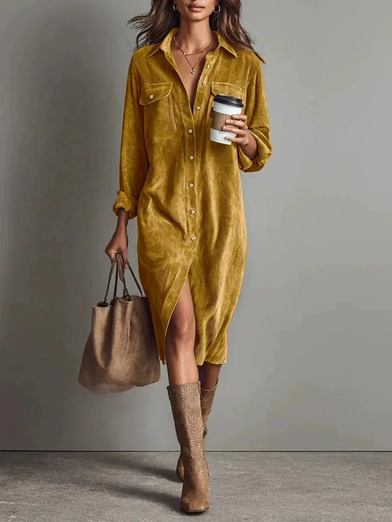 Turn-Down Collar Dress – Women Long Sleeve Solid Casual Holiday Party Dress, Spring Autumn - Fresh& Vintage