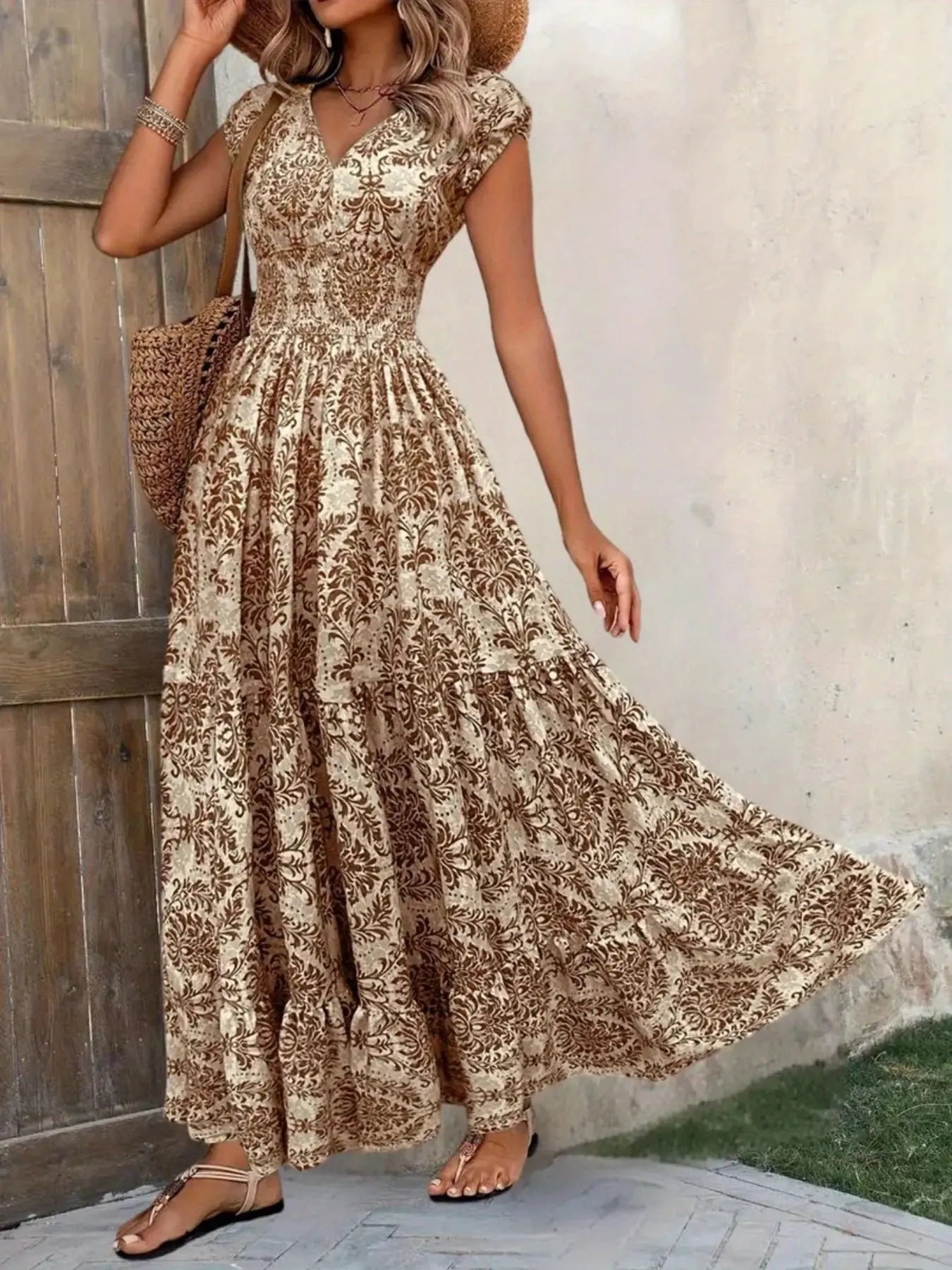 Printed Cap Sleeve Tiered Maxi Dress with Smocked Waist Trendsi