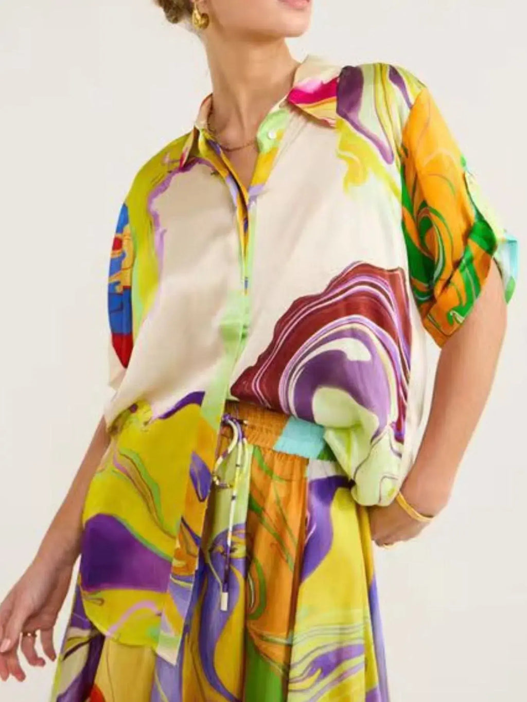 Printed Button Up Shirt and Skirt Set Trendsi