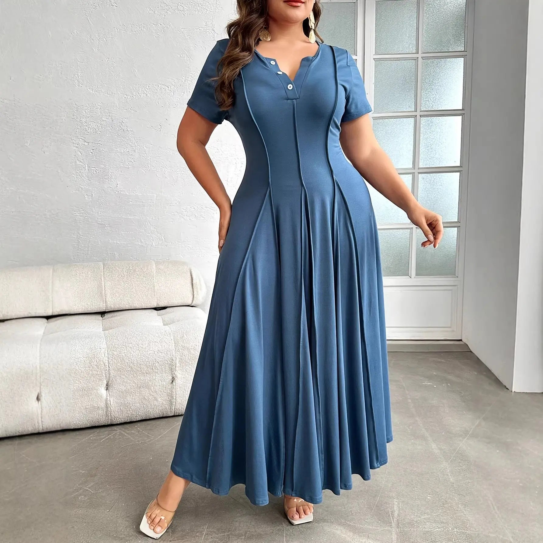 Plus Size Pleated Maxi Dress — Peacock Blue Elegant Commuter - Fresh& Vintage