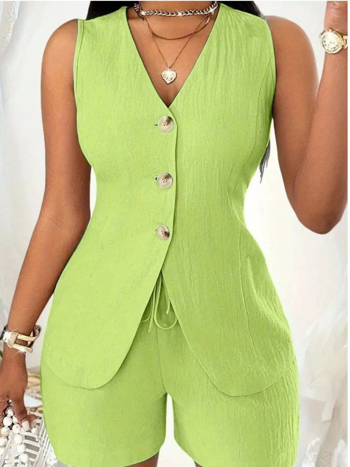 Sleeveless Button-Down Vest & Shorts Set Trendsi