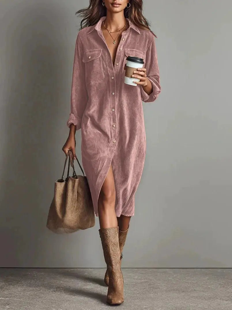 Turn-Down Collar Dress – Women Long Sleeve Solid Casual Holiday Party Dress, Spring Autumn - Fresh& Vintage
