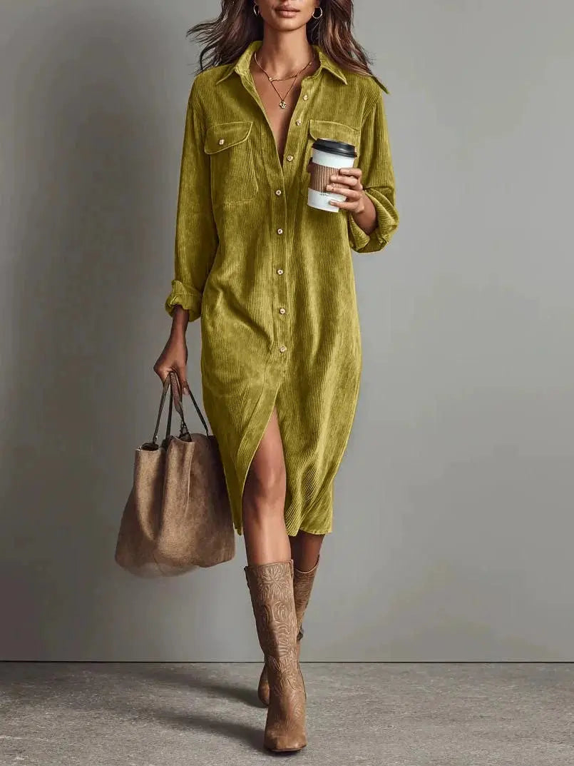 Turn-Down Collar Dress – Women Long Sleeve Solid Casual Holiday Party Dress, Spring Autumn - Fresh& Vintage