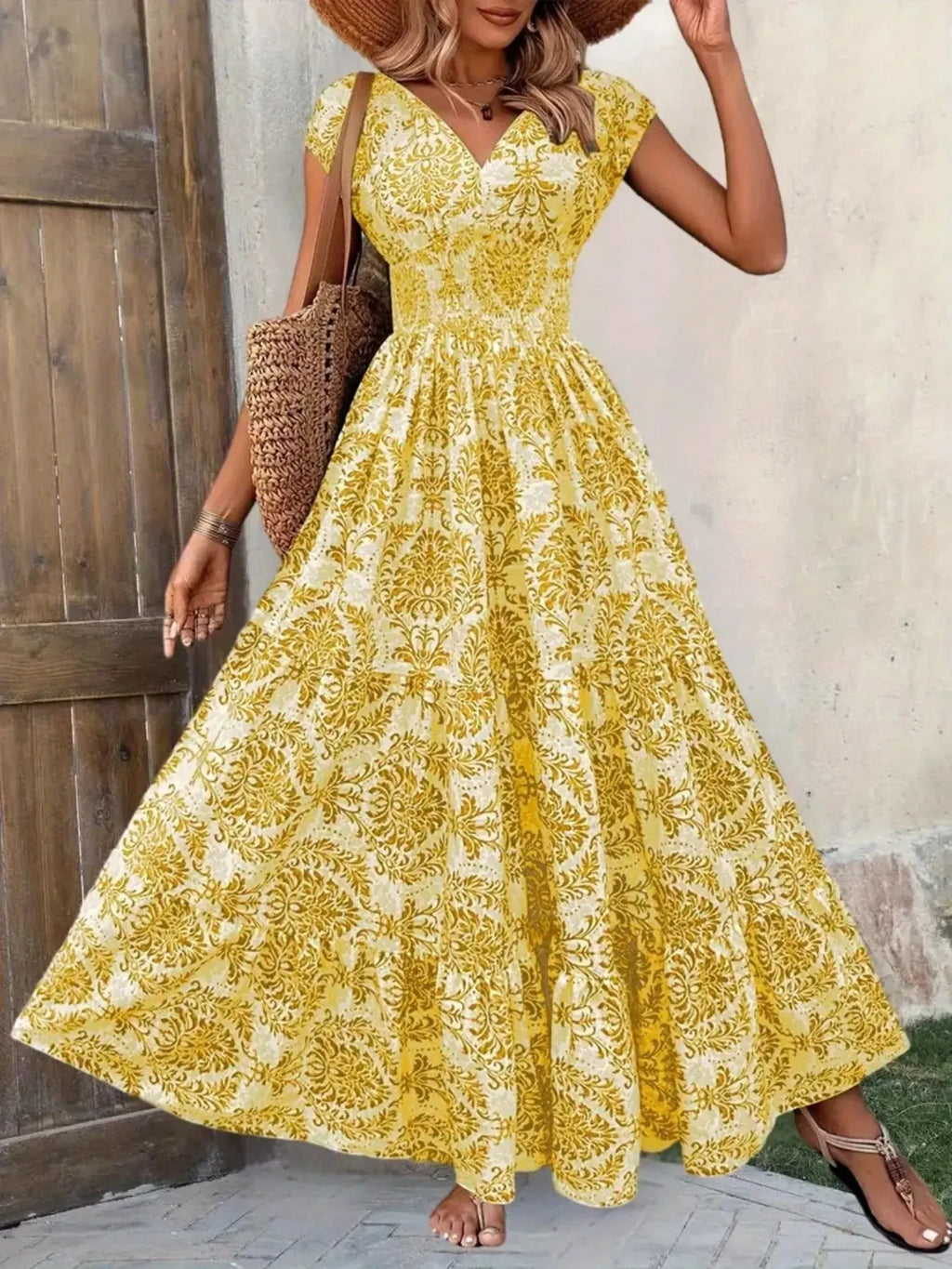 Printed Cap Sleeve Tiered Maxi Dress with Smocked Waist Trendsi