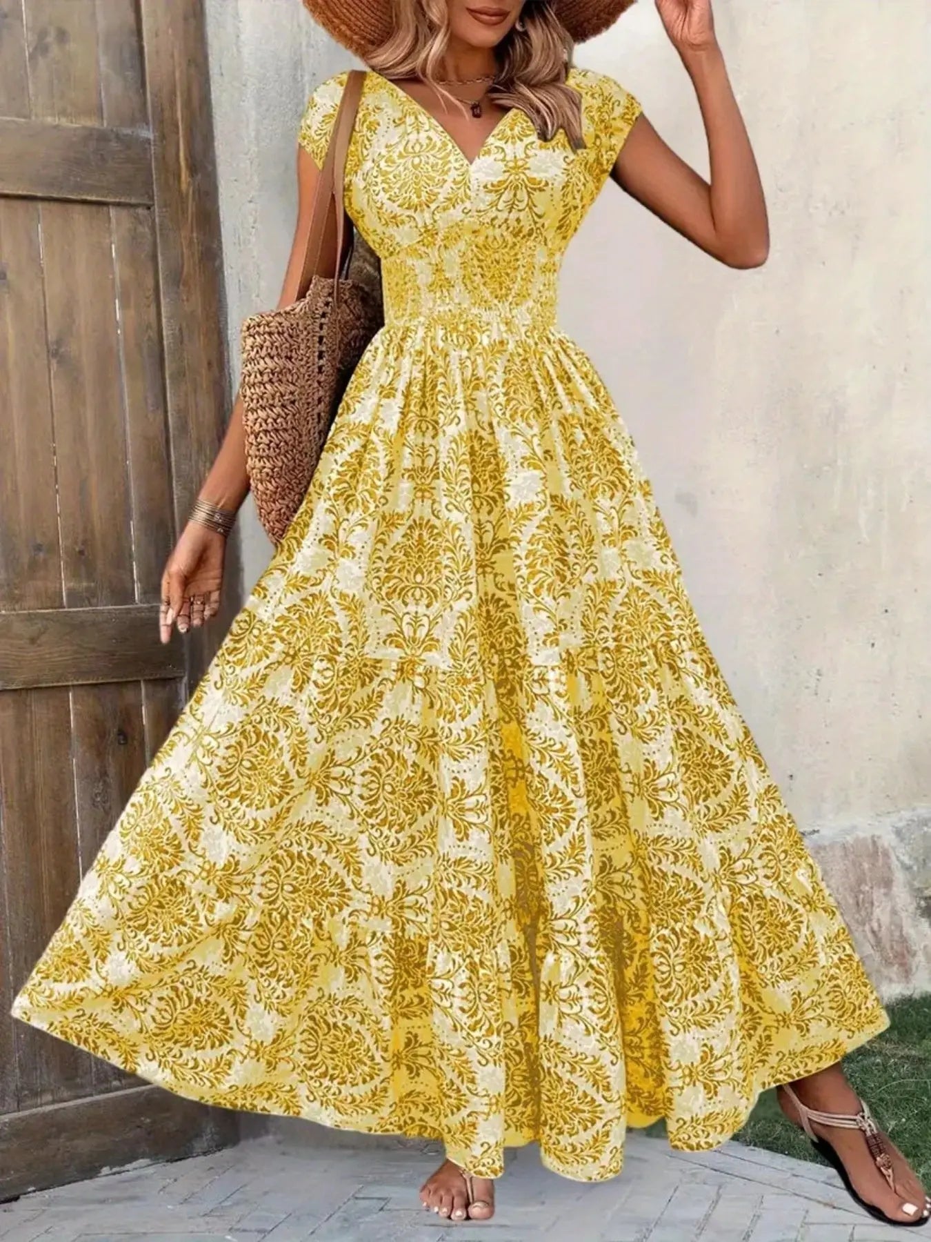 Printed Cap Sleeve Tiered Maxi Dress with Smocked Waist Trendsi