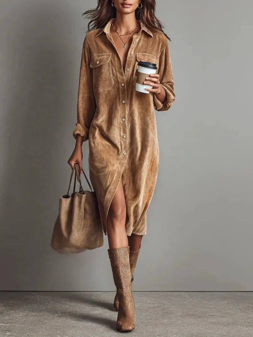 Turn-Down Collar Dress – Women Long Sleeve Solid Casual Holiday Party Dress, Spring Autumn - Fresh& Vintage