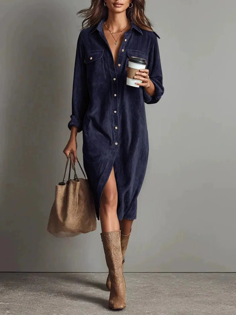 Turn-Down Collar Dress – Women Long Sleeve Solid Casual Holiday Party Dress, Spring Autumn - Fresh& Vintage