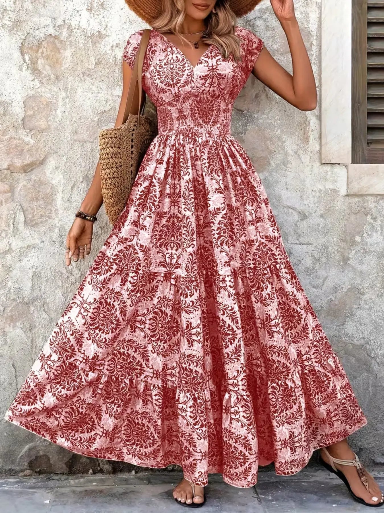 Printed Cap Sleeve Tiered Maxi Dress with Smocked Waist Trendsi
