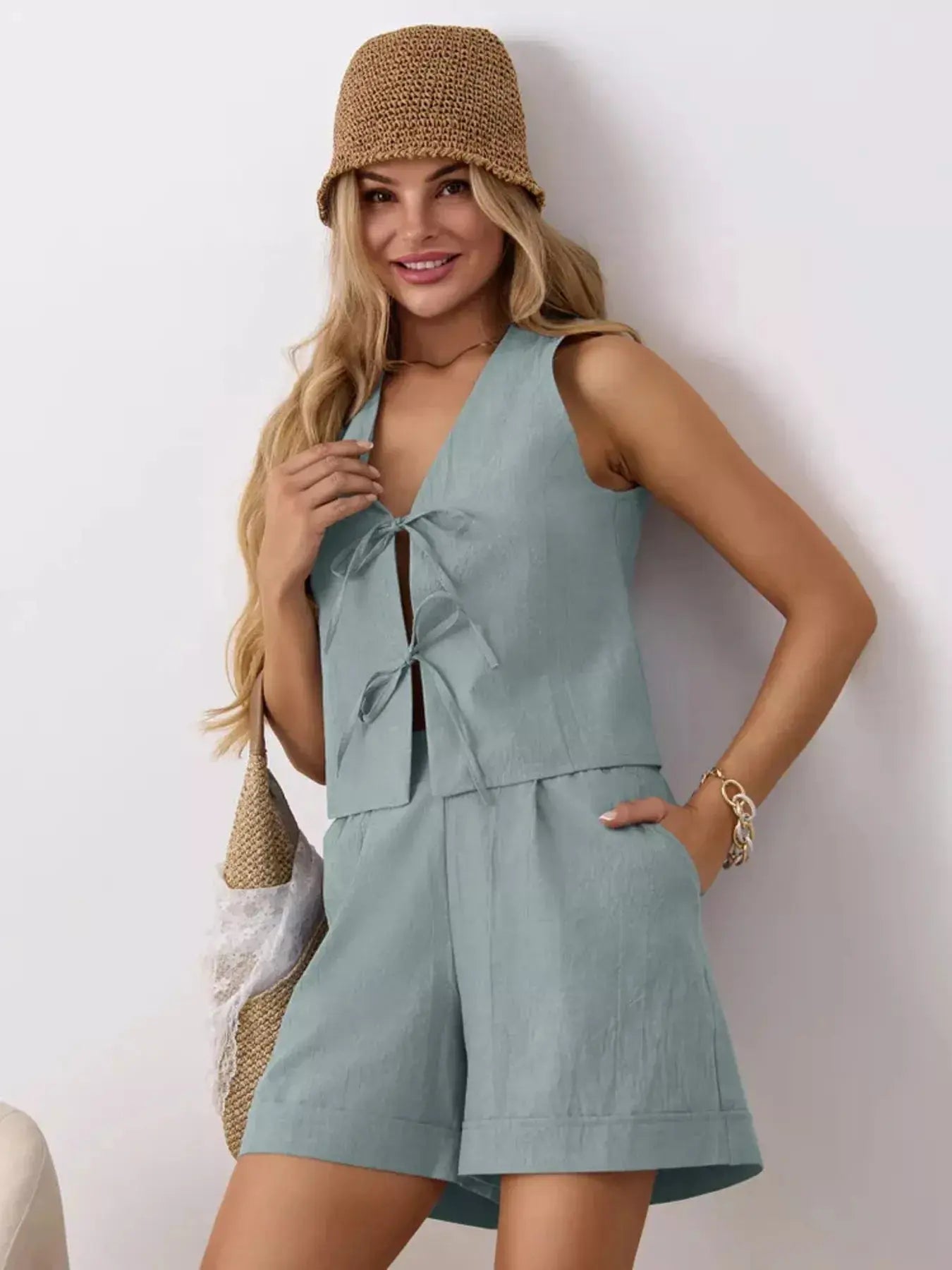 Tie-Front Sleeveless Top and Shorts Set Trendsi